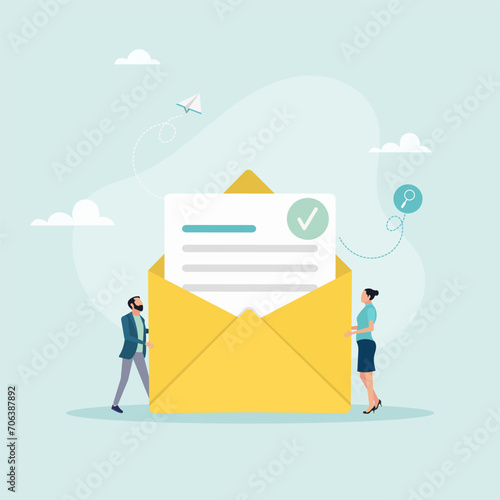 The characters target the audience, send out sales letters and promotional offers, and analyze marketing data. Business concept. Vector illustration
