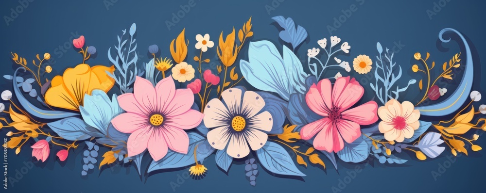 Banner with flowers on light indigo background