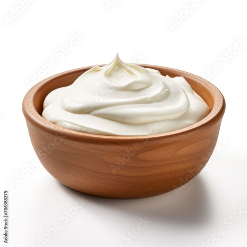 sour cream in wooden bowl isolated on white background