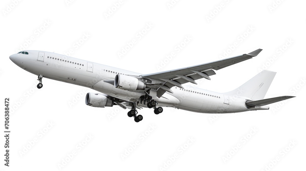 A photograph of a large jetliner flying through a clear, white sky. Suitable for travel, transportation, and aviation themes A photograph of a large jetliner flying through a clear, white sky. Suitable for travel, transportation, and aviation themes