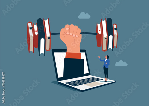 A online weight lifting of books. Fist hand holding a heavy barbell or dumbbell of books concept.