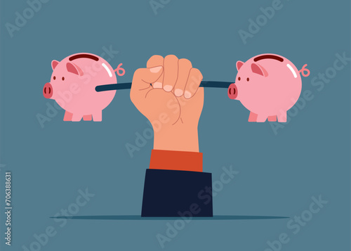 Hand  lifting carrying piggy bank. Finance and industry. Flat vector illustration