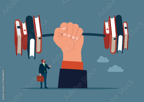 A weight lifting weights, heavy barbell is made up of books. Flat modern vector illustration.