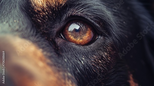 A close up view of a dog's eye with a blurred background. Can be used to depict the beauty and uniqueness of animals in nature