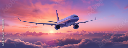passenger plane in the sky at sunset background