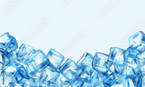 Realistic icy square blocks stacked, pile of frozen water pieces. Vector background with copy space, banner with crystal clear transparent icicles. Frame for advertising or commercials ad