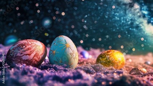 Easter egg painted in cosmic star style. against a dark blue background with space for text.