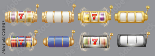 Casino slot machine with jackpot and seven number. Vector isolated retro empty cells and spinning golden roulette with signs. Winning and gambling entertainment, playing game for fortune
