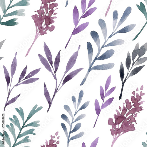 Watercolor seamless pattern with purple and blue leaves. Hand drawn botanical illustration. Design and packaging of wrapping paper, background, texture for office, textile. Cute style.