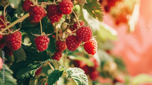 Fresh raspberries growing on a bush outdoors in the sunlight with space for text. concept berries, vegetable garden, natural, veganism, summer