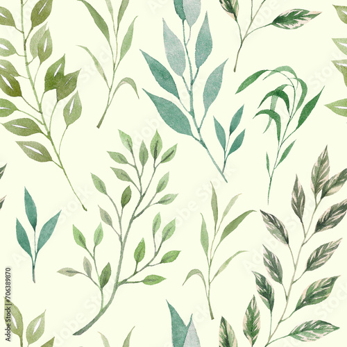 Watercolor seamless pattern with greenery, plants and herbs. hand drawn botanical print. Design for packaging, background, wrapping paper, textile.