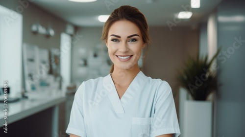 A smiling qualified cosmetologist, doctor, dentist smiles at you, inviting you to her clinics.