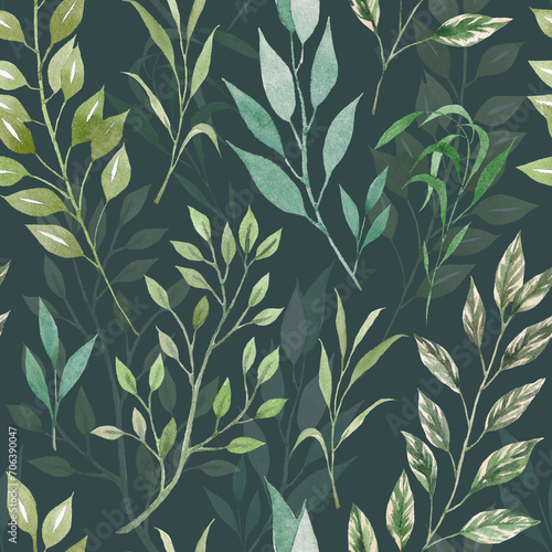 Watercolor seamless pattern with greenery, plants and herbs. hand drawn botanical print. Design for packaging, background, wrapping paper, textile.