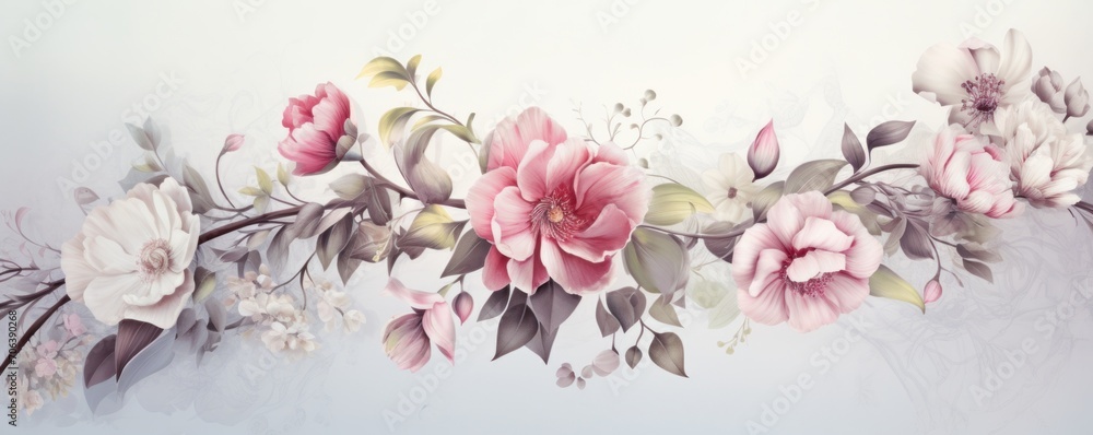 Banner with flowers on light pewter background