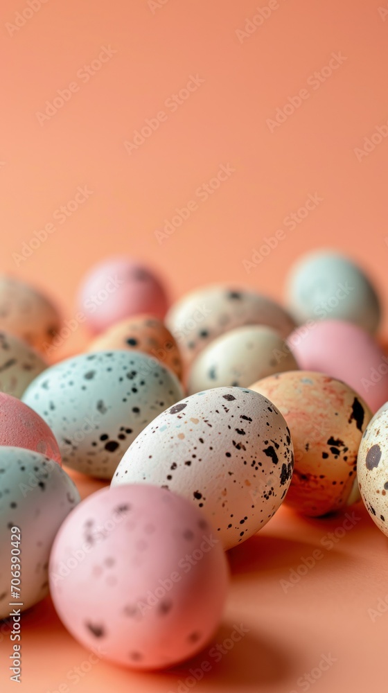 vertical photo of multi-colored eggs in pink and peach tones. Easter concept, eggs, multicolored, vertical, postcard