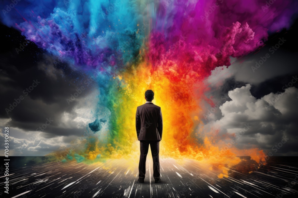 man stand in front of colorful rainbow cloud good idea concept