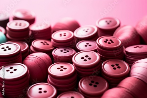 Red buttons on textured surface, sewing essentials with pink backdrop
