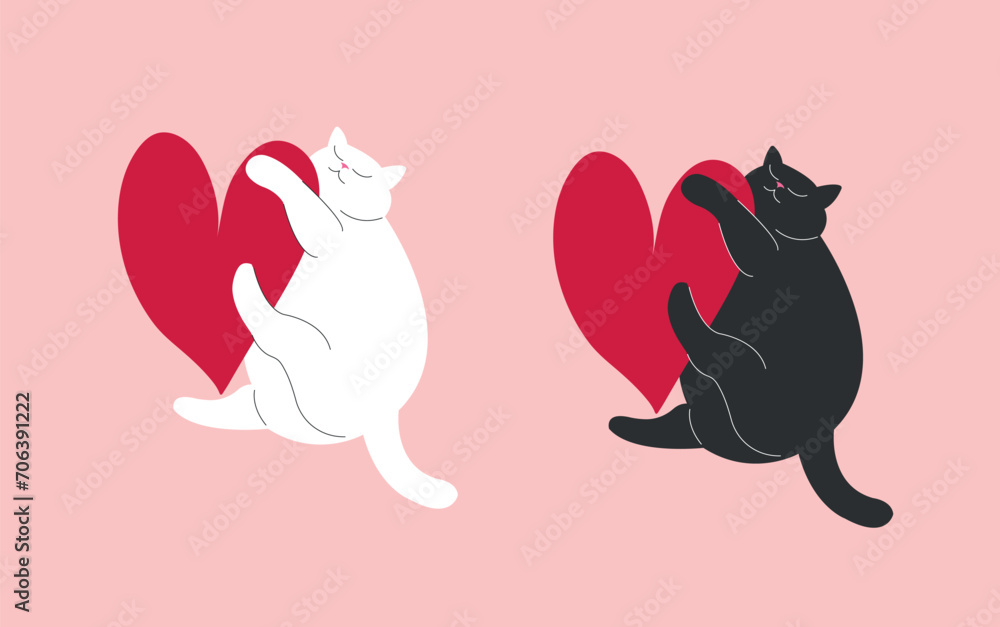 set of two cute cartoon fat cats with heart. black and white romantic valentine kittens on pink background. chubby kitties line art set of two cute cartoon fat cats with heart. black and white romantic valentine kittens on pink background. chubby kitties line art