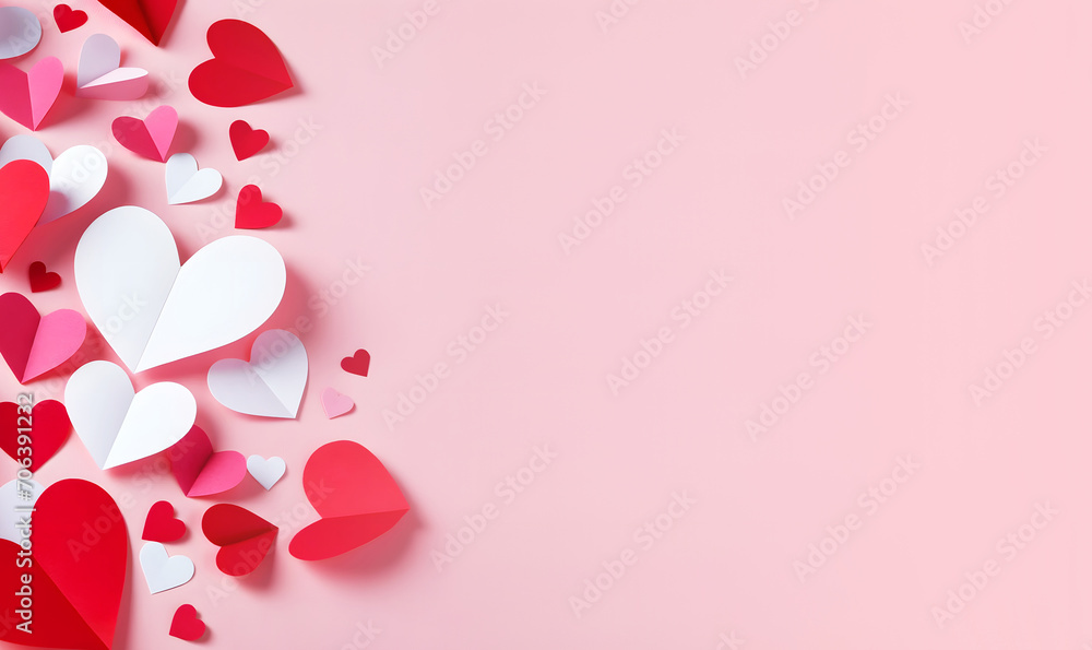 Valentine's or Mother's Day love concept with paper hearts. Paper cutout hearts in red, white and pink colors scattered across a pastel pink background with copy space.