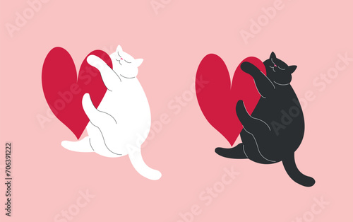 set of two cute cartoon fat cats with heart. black and white romantic valentine kittens on pink background. chubby kitties line art