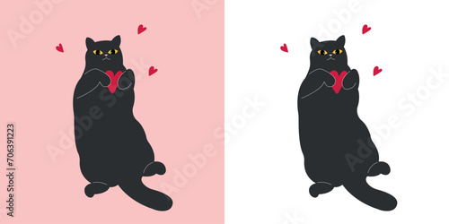 cute st valentines day cartoon black cat with heart. funny romantic kitten in love. sleepy cat isolated on white background