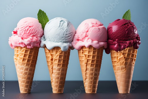 ice cream cone. A dark background showcases cone cups filled with rolled ice cream in different flavors, either viewed from the top or laid flat. Originating from Thailand, this style of ice cream photo