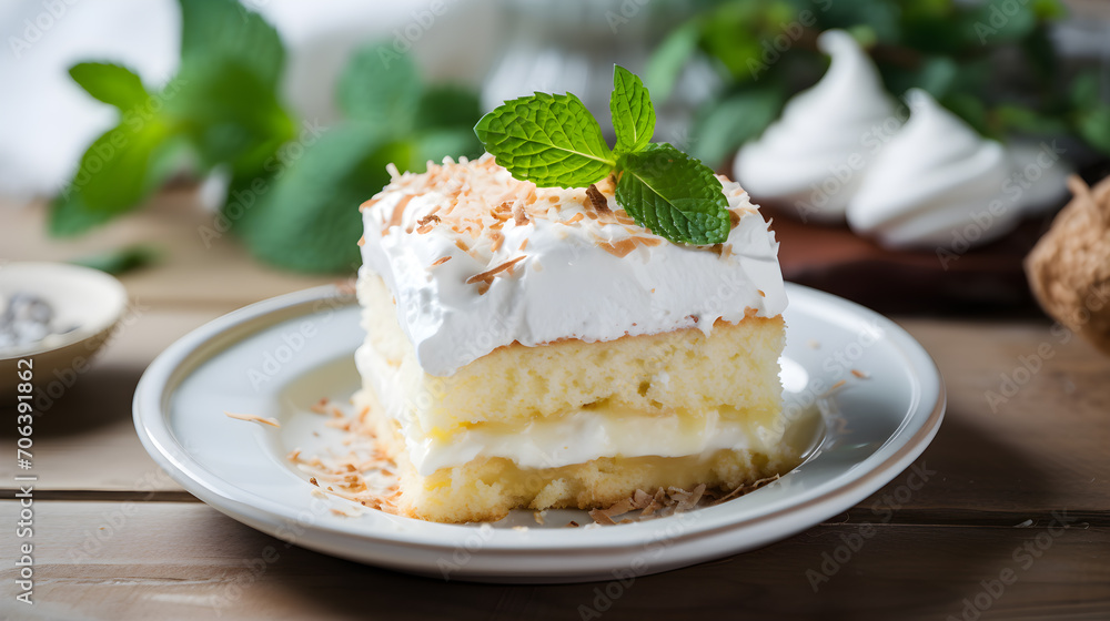 Pastel de Tres Leches with mint, a traditional Mexican cake on a white plate resting at the restaurant. Generative AI Pastel de Tres Leches with mint, a traditional Mexican cake on a white plate resting at the restaurant. Generative AI