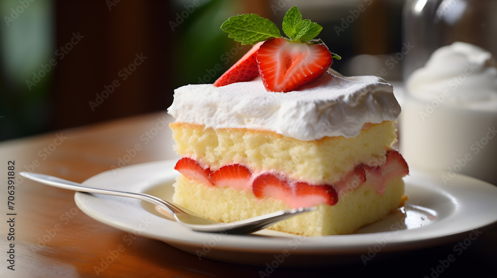 Three milks cake, renowned Pastel de Tres Leches, a sweet and delicious piece with a lot of fresh strawberries on a plate, at the kitchen. Generative AI Three milks cake, renowned Pastel de Tres Leches, a sweet and delicious piece with a lot of fresh strawberries on a plate, at the kitchen. Generative AI