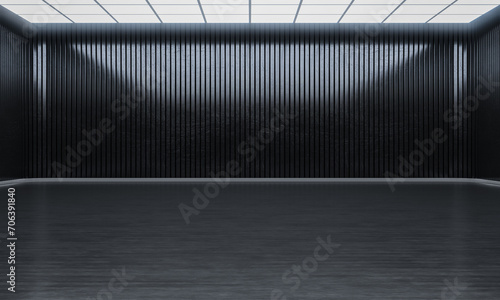 Modern empty open space with lights on top. Showroom hall and black wall.  3D rendering