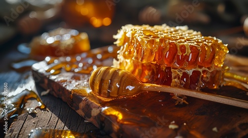 Honeycombs with honey on a wooden table, selective focus