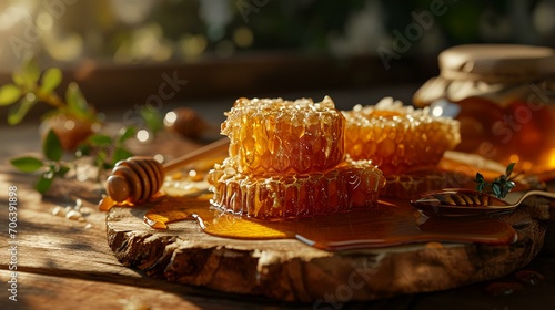 Honeycombs and honey dipper on wooden table, closeup