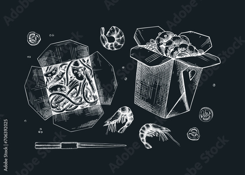 Noodles with shrimps in paper box on chalkboard. Asian cuisine meal sketches. Vintage fast food drawing. Food delivery design element. Take away box packages set
