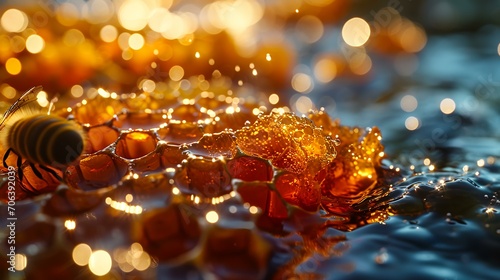 Honeycombs with honey and bee on the surface of water