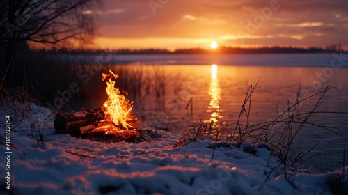 A bonfire is lit in the snow by the water. This image can be used to depict winter activities or gatherings by the waterfront