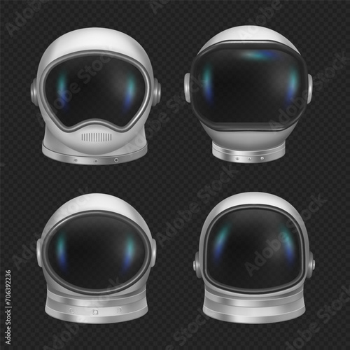 Cosmonaut helmets, realistic astronaut mask set with clear glass for space exploration and flight in cosmos. Vector galaxy and universe adventure, headwear part of uniform of characters