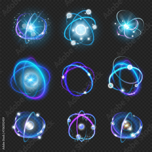Atom light, isolated fusion orbit spin on transparent background. Vector atomic neutron science and psychics. Molecule and proton core symbol, ion element with glowing and shining effect