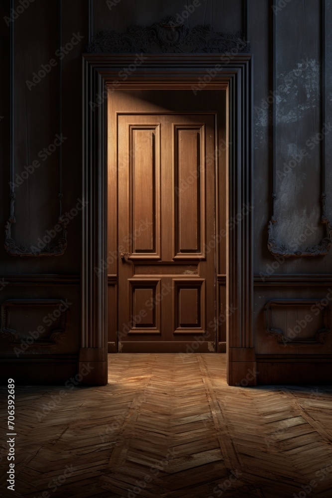 An open wooden door revealing a vacant room AI generated illustration An open wooden door revealing a vacant room AI generated illustration