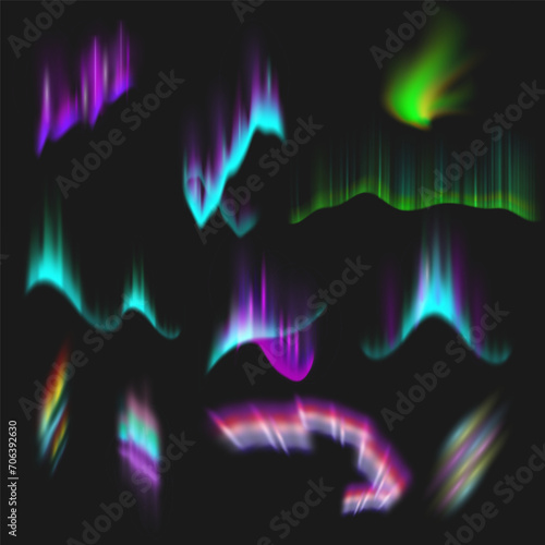 Northern polar lights glow set. Vector arctic aurora borealis view, natural phenomena with glowing illumination. Realistic gradient colors at night sky. Luminous streaks of nordic shining photo