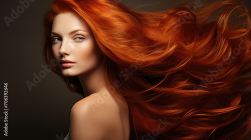 Stunning Woman with Vibrant Flowing Red Hair Studio Shot
