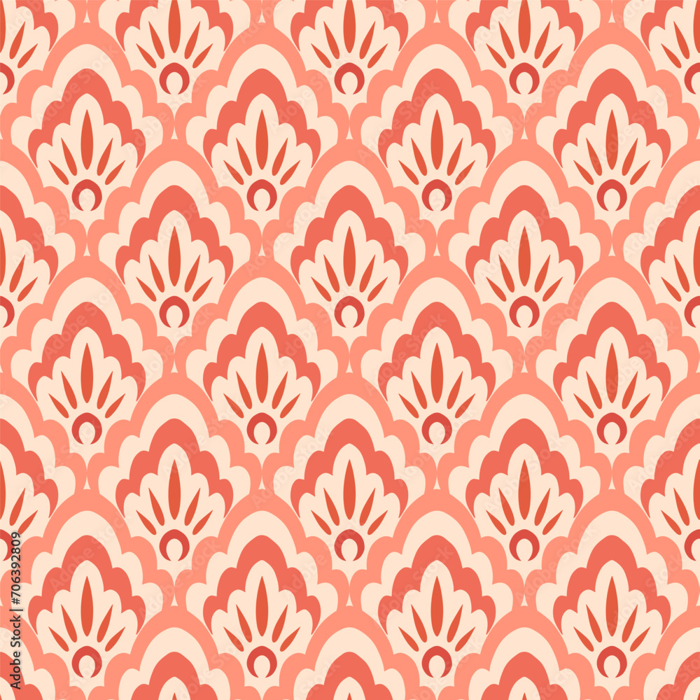 abstract delicate lace type damask peach color shadows geometric seamless pattern on light beige background