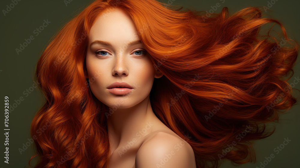 Obraz premium Elegant female model with long flowing red hair and flawless skin.