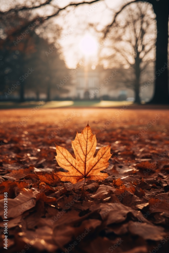 Autumnal scene featuring one leaf falling in a bare park  AI generated illustration