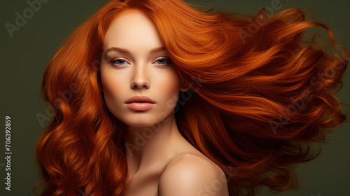 Elegant female model with long flowing red hair and flawless skin. © iwaart