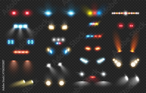 Realistic glow round car headlight beams. Vector isolated flare effects of truck or automobile, ambulance and police in dark on road. Spotlight from headlamp from transport in night time
