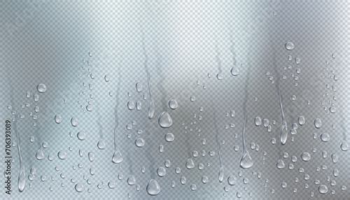 Condensation on window or blurry surface. Vector vapor through window glass in shower. Drops and traces, splashes streaming and wet realistic condensate on clear material, transparent background