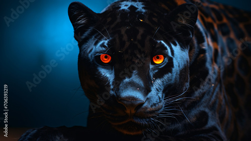 Portrait of a black jaguar with blue eyes under lights © Possibility Pages