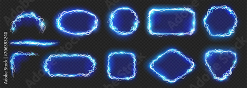Geometric neon frame with electric lightning spark effect and energy glowing. Vector isolated bolt voltage borders, rectangles and squares, circles and rhombus on transparent background photo