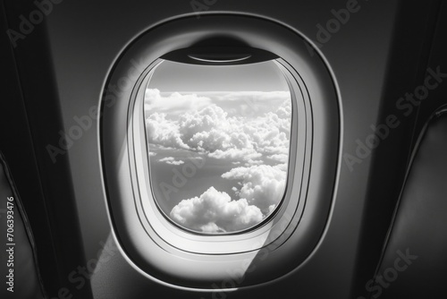 A black and white photo of an airplane window. Perfect for travel and aviation-related projects © Fotograf