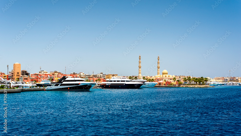 many ships in the Hkrgada Marina in the Red Sea
