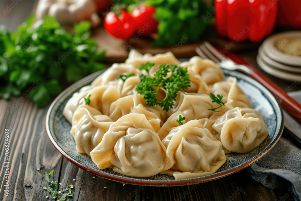 A plate of manty, Kazakh dumplings filled with savory meat and vegetables
